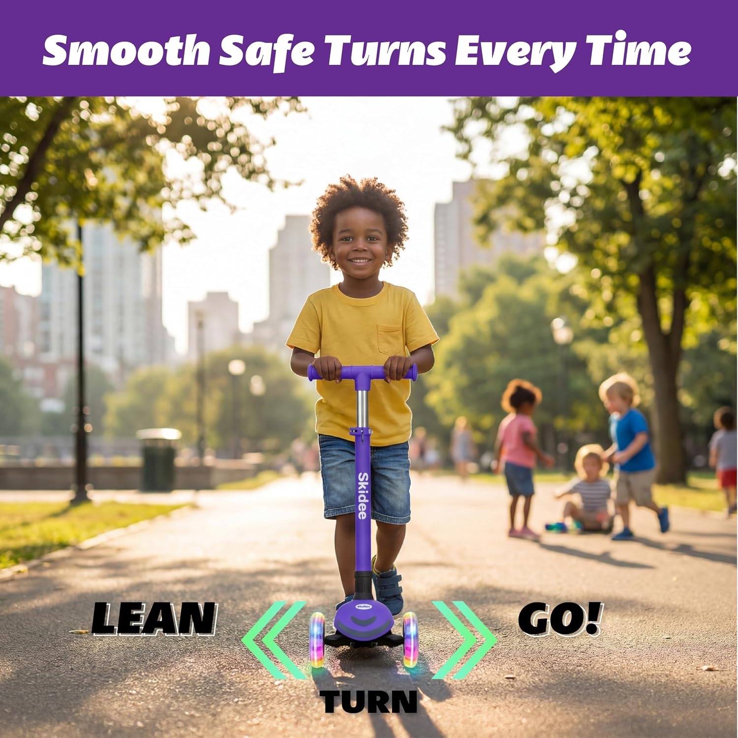 image:imageSKIDEE Kick Scooter for Kids Ages 35 Foldable 3 Wheel Scooter with LeantoSteer Adjustable Height Removable Seat amp LED Light Wheels Toddler Scooter Up to 12 Year Old BoysGirlsRoyal Purple