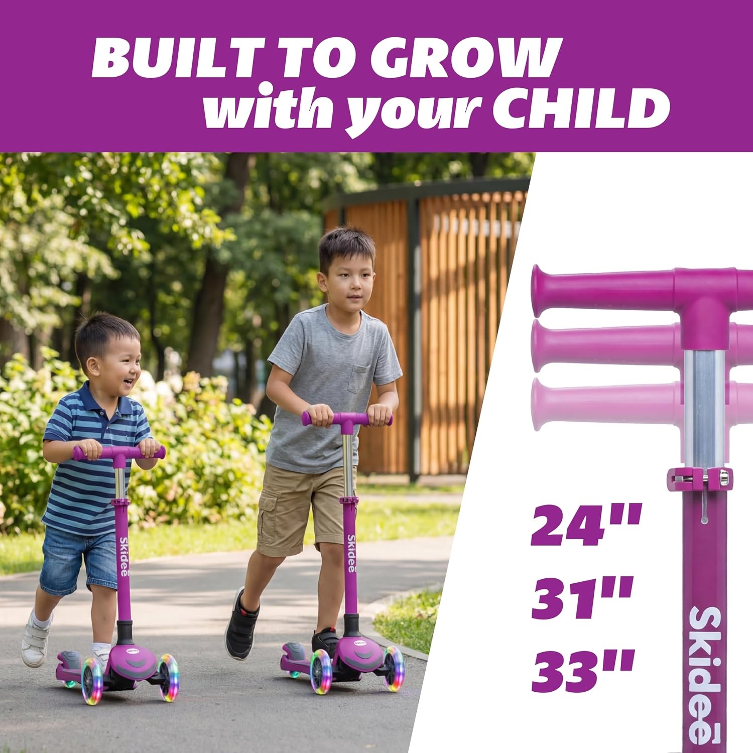 image:imageSKIDEE Kick Scooter for Kids Ages 35 Foldable 3 Wheel Scooter with LeantoSteer Adjustable Height Removable Seat amp LED Light Wheels Toddler Scooter Up to 12 Year Old BoysGirlsRaspberry