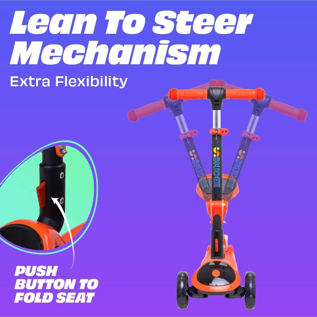 image:imageSKIDEE Kick Scooter for Kids Ages 35 Foldable 3 Wheel Scooter with LeantoSteer Adjustable Height Removable Seat amp LED Light Wheels Toddler Scooter Up to 12 Year Old BoysGirlsOrange