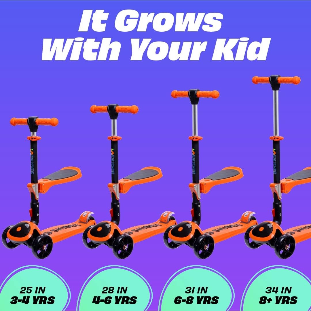 image:imageSKIDEE Kick Scooter for Kids Ages 35 Foldable 3 Wheel Scooter with LeantoSteer Adjustable Height Removable Seat amp LED Light Wheels Toddler Scooter Up to 12 Year Old BoysGirlsOrange