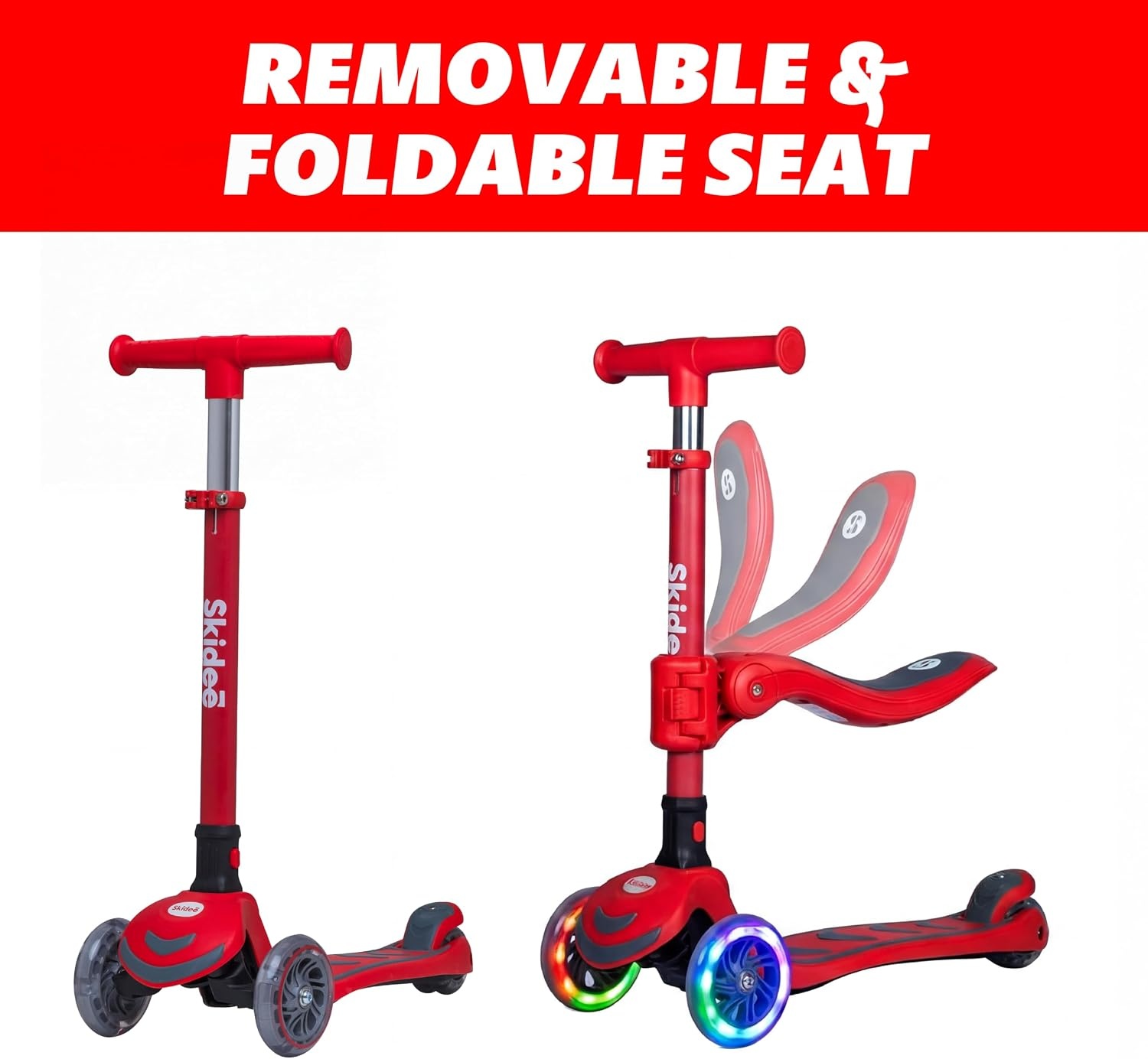 image:imageSKIDEE Kick Scooter for Kids Ages 35 Foldable 3 Wheel Scooter with LeantoSteer Adjustable Height Removable Seat amp LED Light Wheels Toddler Scooter Up to 12 Year Old BoysGirlsFire Red