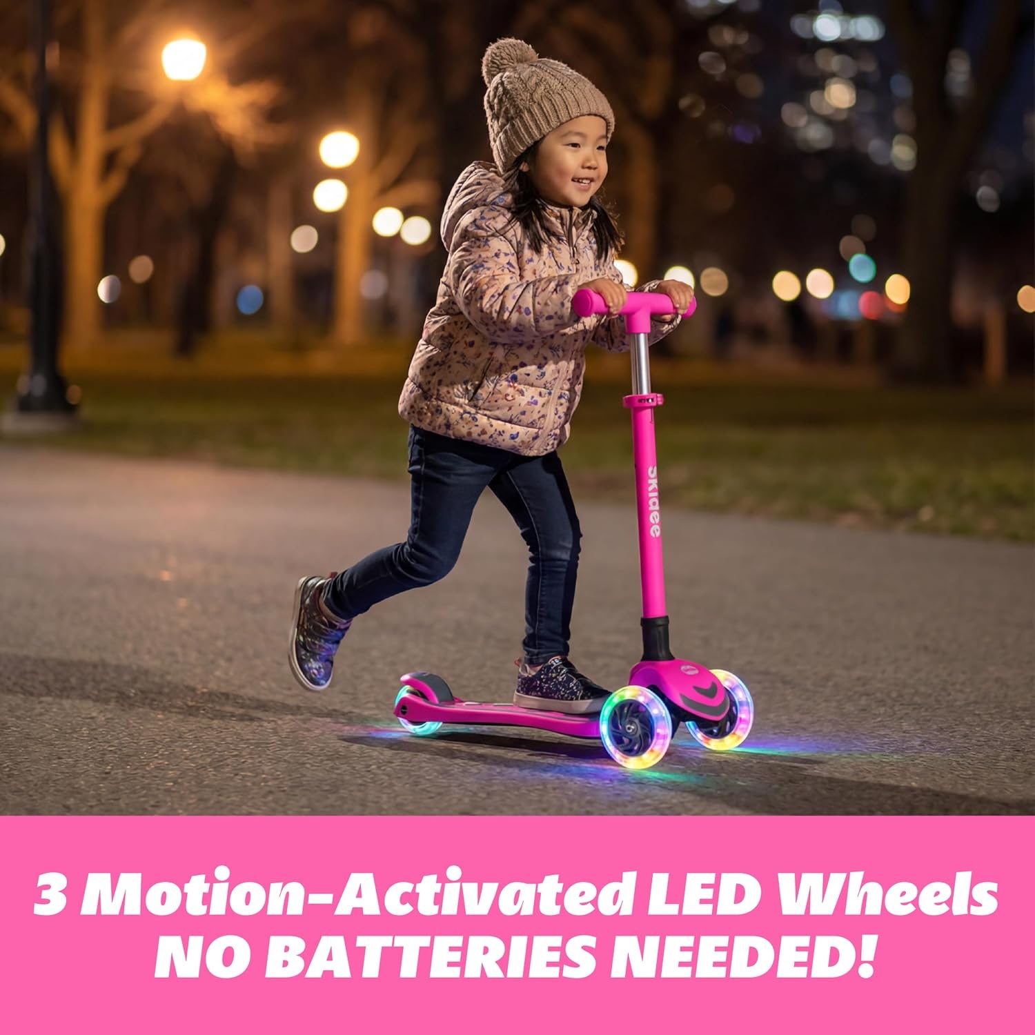 image:imageSKIDEE Kick Scooter for Kids Ages 35 Foldable 3 Wheel Scooter with LeantoSteer Adjustable Height Removable Seat amp LED Light Wheels Toddler Scooter Up to 12 Year Old BoysGirlsBright Pink