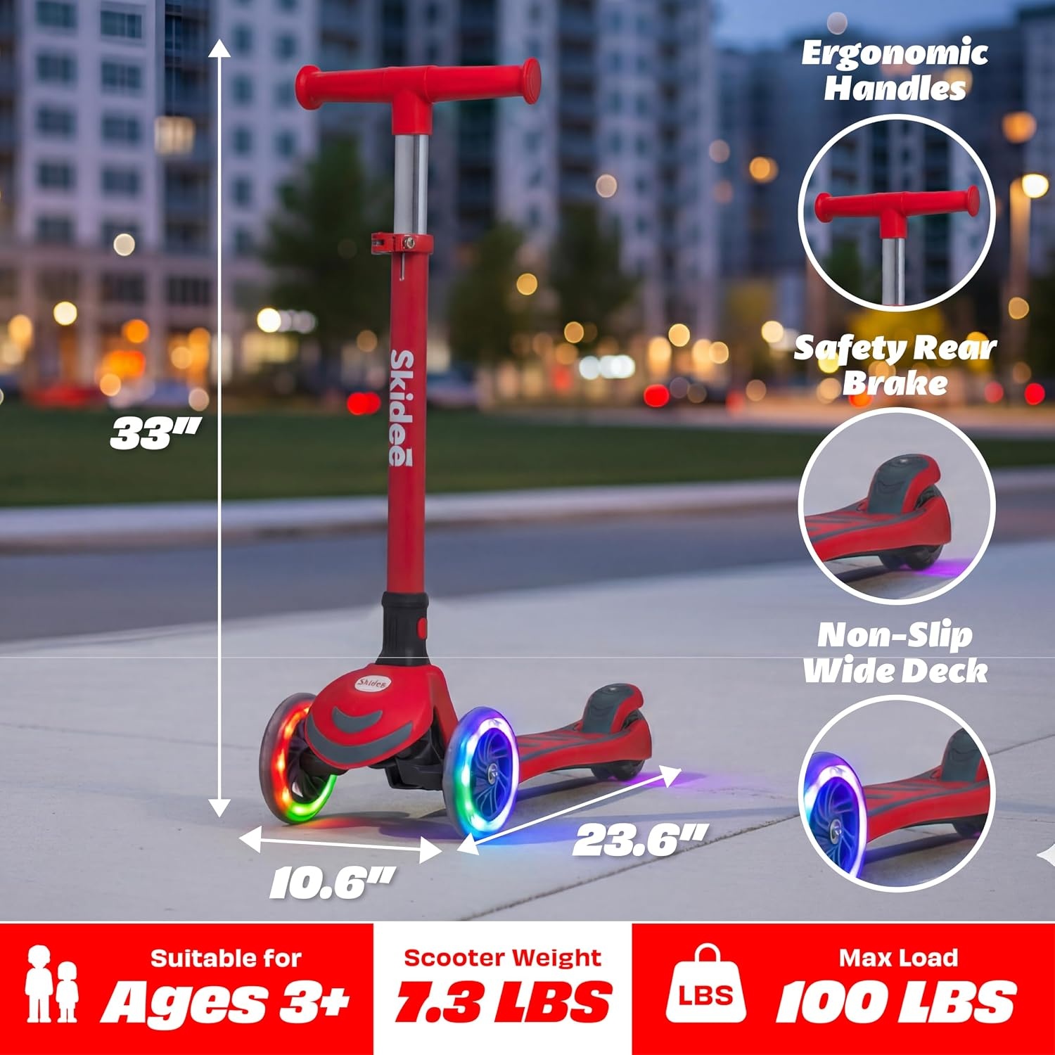 image:imageSKIDEE Kick Scooter for Kids Ages 35 Foldable 3 Wheel Scooter with LeantoSteer Adjustable Height Removable Seat amp LED Light Wheels Toddler Scooter Up to 12 Year Old BoysGirlsFire Red