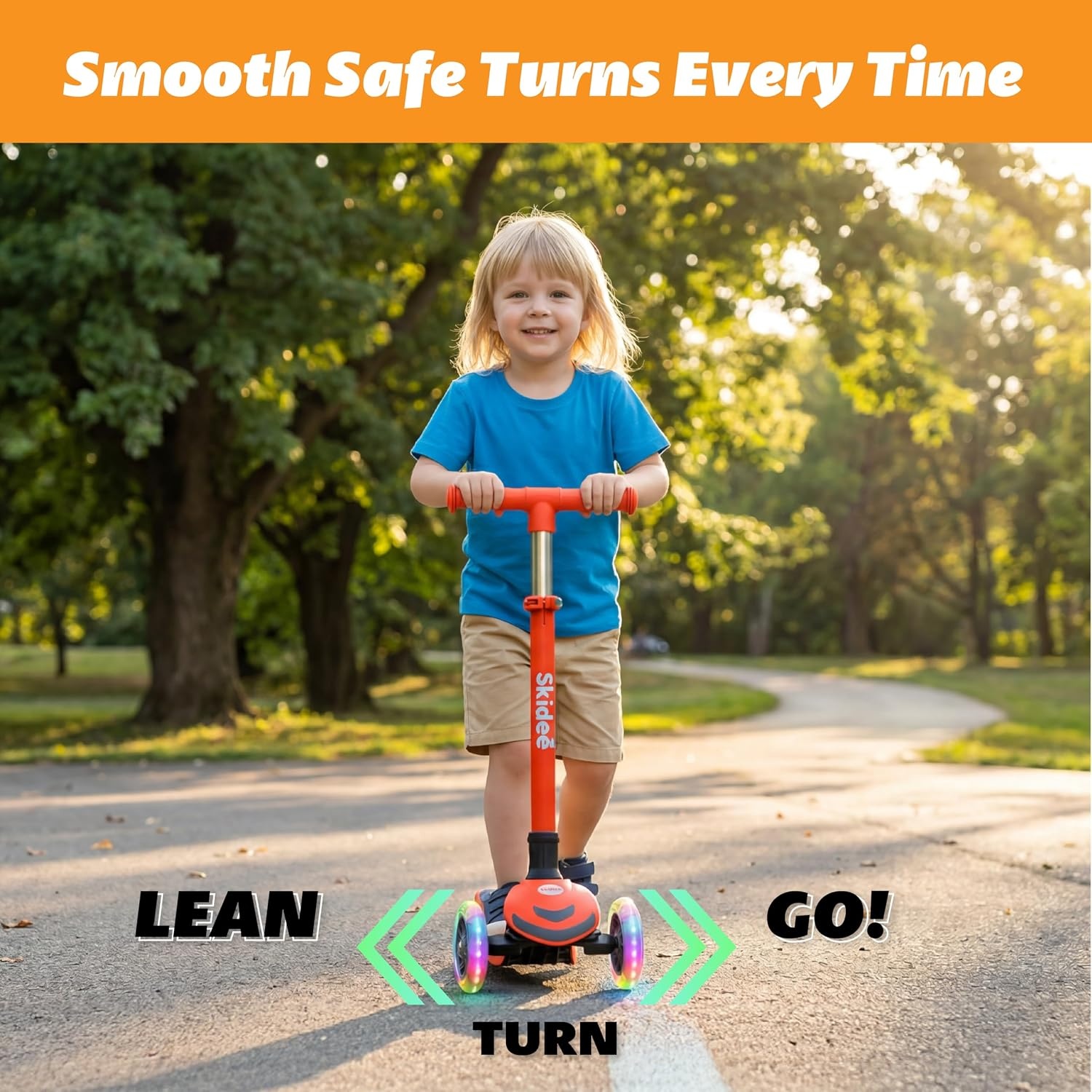 image:imageSKIDEE Kick Scooter for Kids Ages 35 Foldable 3 Wheel Scooter with LeantoSteer Adjustable Height Removable Seat amp LED Light Wheels Toddler Scooter Up to 12 Year Old BoysGirlsNeon Orange