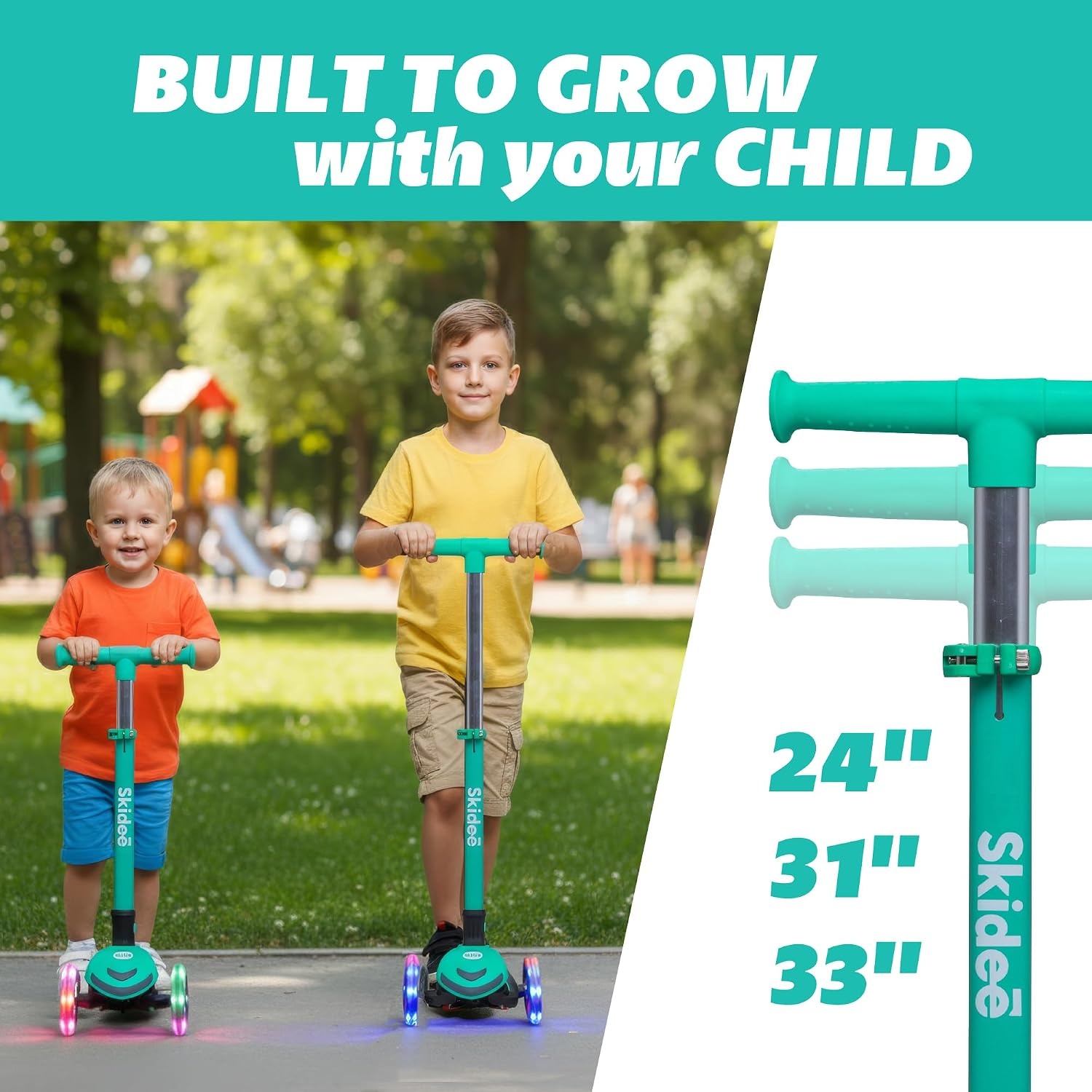 image:imageSKIDEE Kick Scooter for Kids Ages 35 Foldable 3 Wheel Scooter with LeantoSteer Adjustable Height Removable Seat amp LED Light Wheels Toddler Scooter Up to 12 Year Old BoysGirlsMint Green