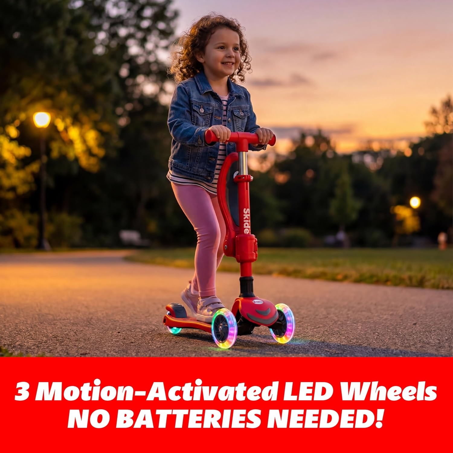 image:imageSKIDEE Kick Scooter for Kids Ages 35 Foldable 3 Wheel Scooter with LeantoSteer Adjustable Height Removable Seat amp LED Light Wheels Toddler Scooter Up to 12 Year Old BoysGirlsFire Red