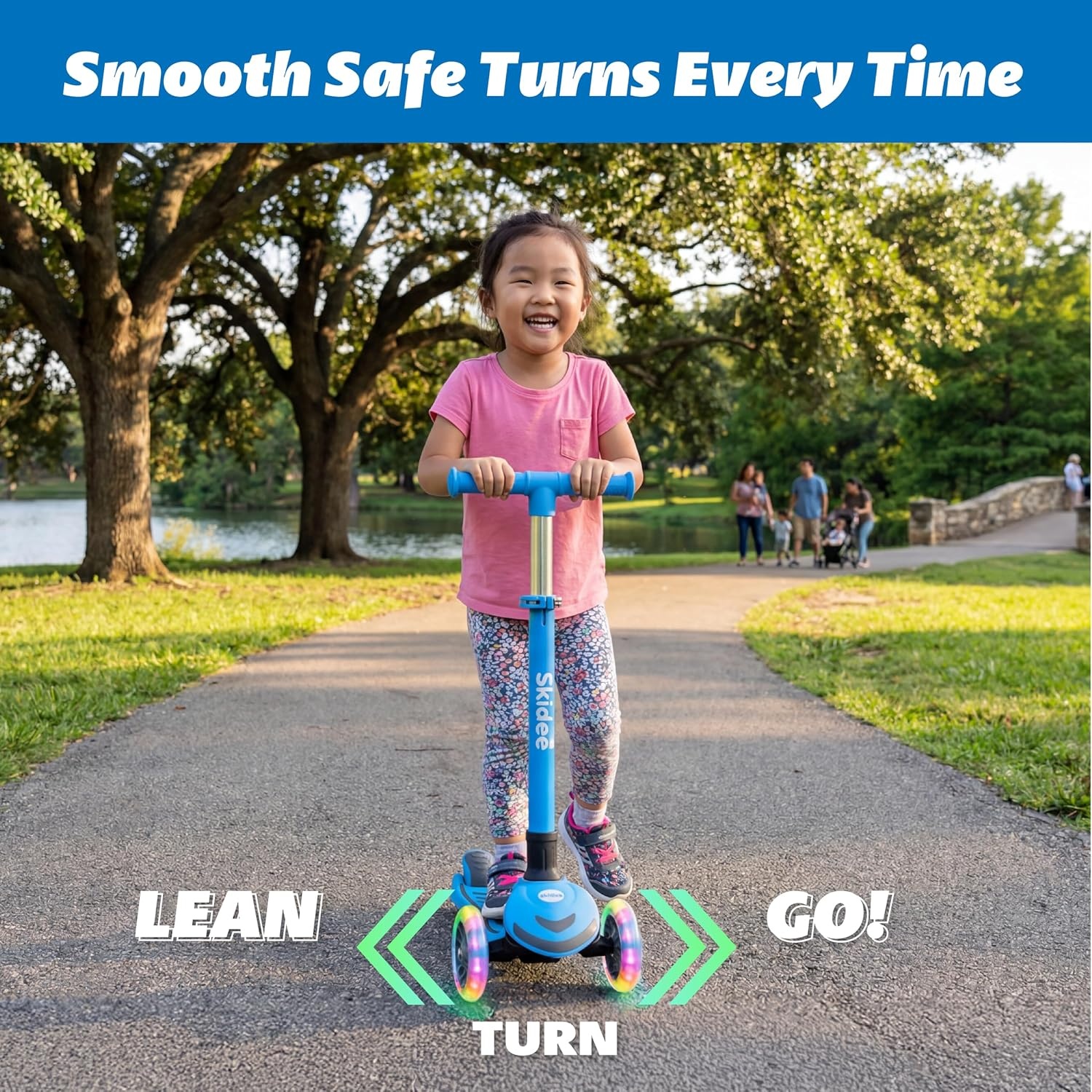 image:imageSKIDEE Kick Scooter for Kids Ages 35 Foldable 3 Wheel Scooter with LeantoSteer Adjustable Height Removable Seat amp LED Light Wheels Toddler Scooter Up to 12 Year Old BoysGirlsOcean Blue