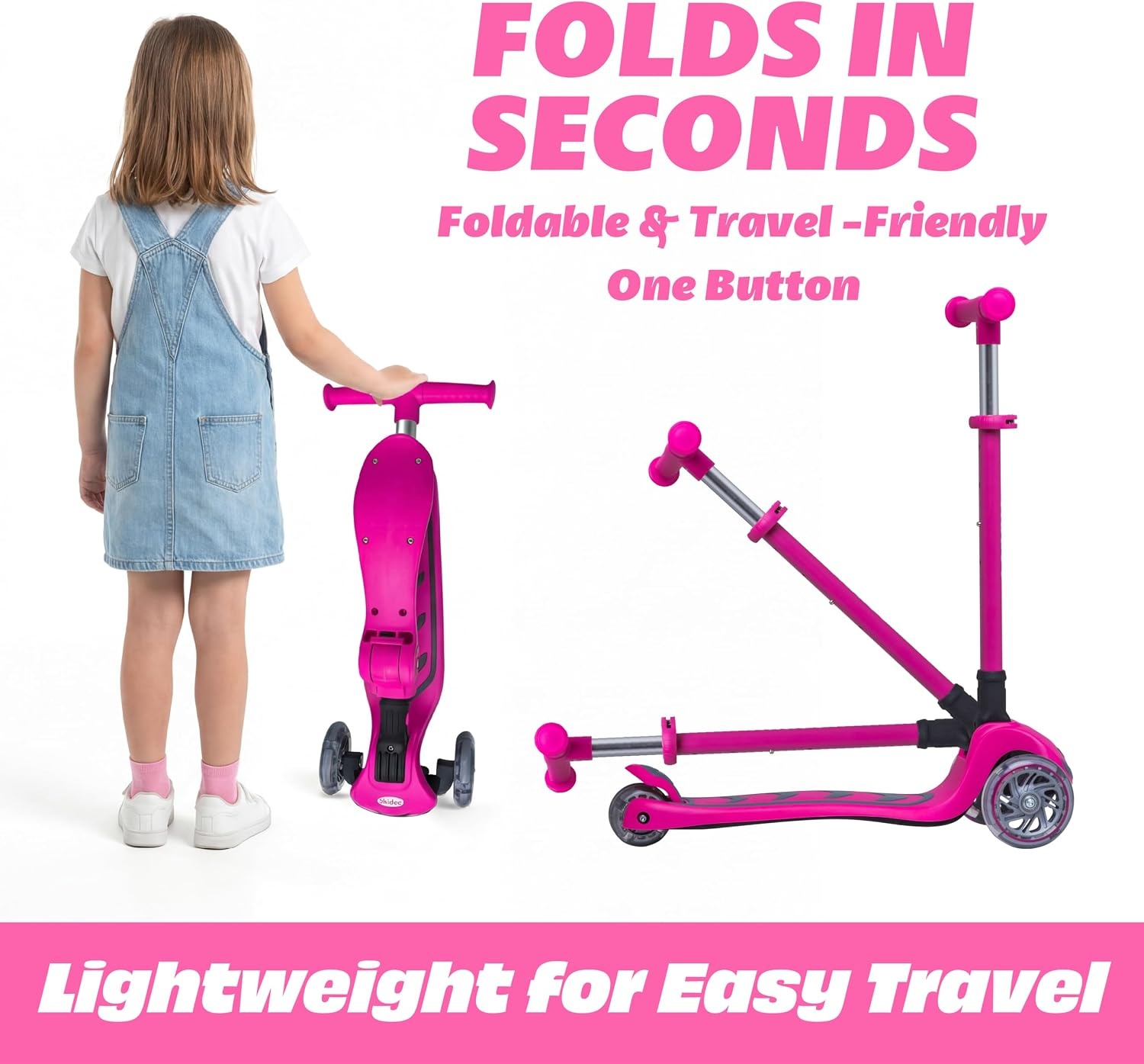 image:imageSKIDEE Kick Scooter for Kids Ages 35 Foldable 3 Wheel Scooter with LeantoSteer Adjustable Height Removable Seat amp LED Light Wheels Toddler Scooter Up to 12 Year Old BoysGirlsBright Pink