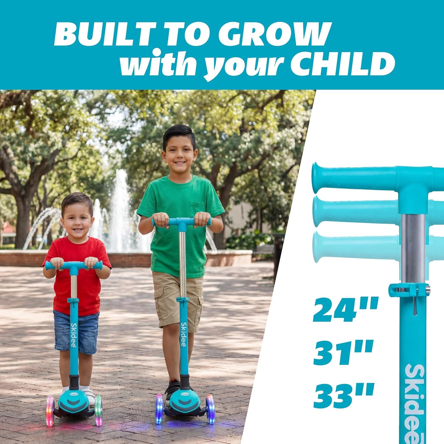 image:imageSKIDEE Kick Scooter for Kids Ages 35 Foldable 3 Wheel Scooter with LeantoSteer Adjustable Height Removable Seat amp LED Light Wheels Toddler Scooter Up to 12 Year Old BoysGirlsTurquoise