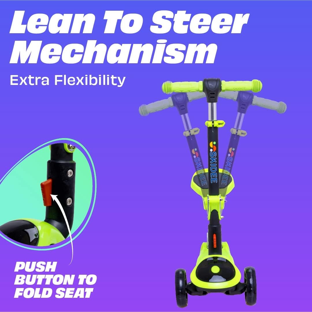 image:imageSKIDEE Kick Scooter for Kids Ages 35 Foldable 3 Wheel Scooter with LeantoSteer Adjustable Height Removable Seat amp LED Light Wheels Toddler Scooter Up to 12 Year Old BoysGirlsGreen