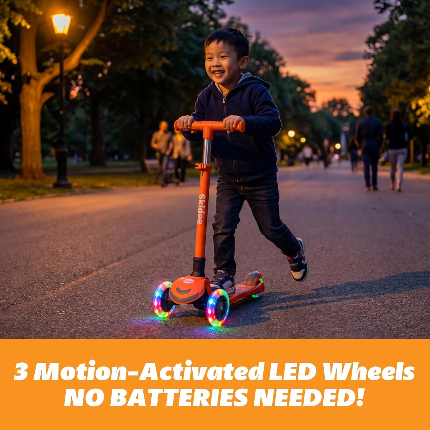image:imageSKIDEE Kick Scooter for Kids Ages 35 Foldable 3 Wheel Scooter with LeantoSteer Adjustable Height Removable Seat amp LED Light Wheels Toddler Scooter Up to 12 Year Old BoysGirlsNeon Orange