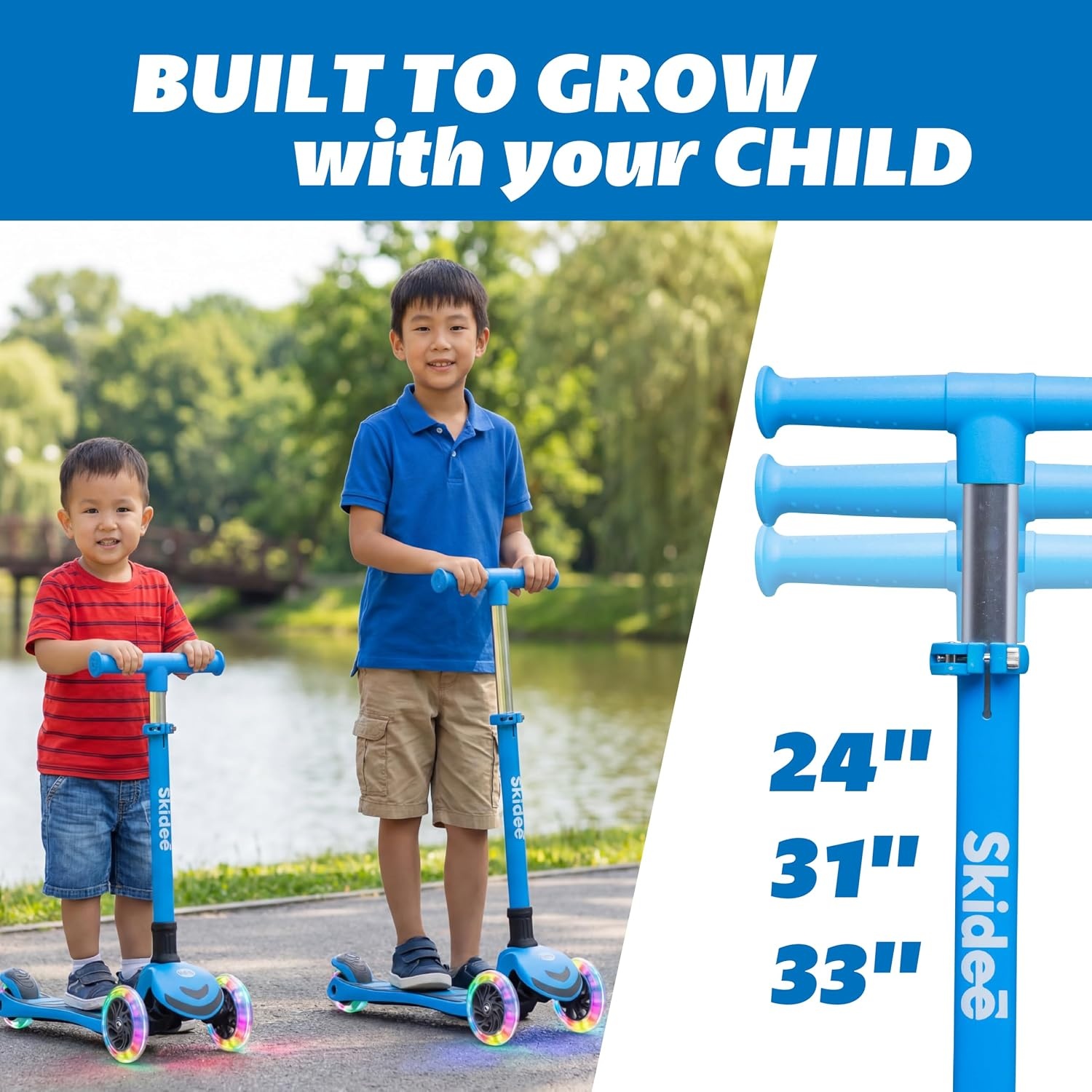 image:imageSKIDEE Kick Scooter for Kids Ages 35 Foldable 3 Wheel Scooter with LeantoSteer Adjustable Height Removable Seat amp LED Light Wheels Toddler Scooter Up to 12 Year Old BoysGirlsOcean Blue