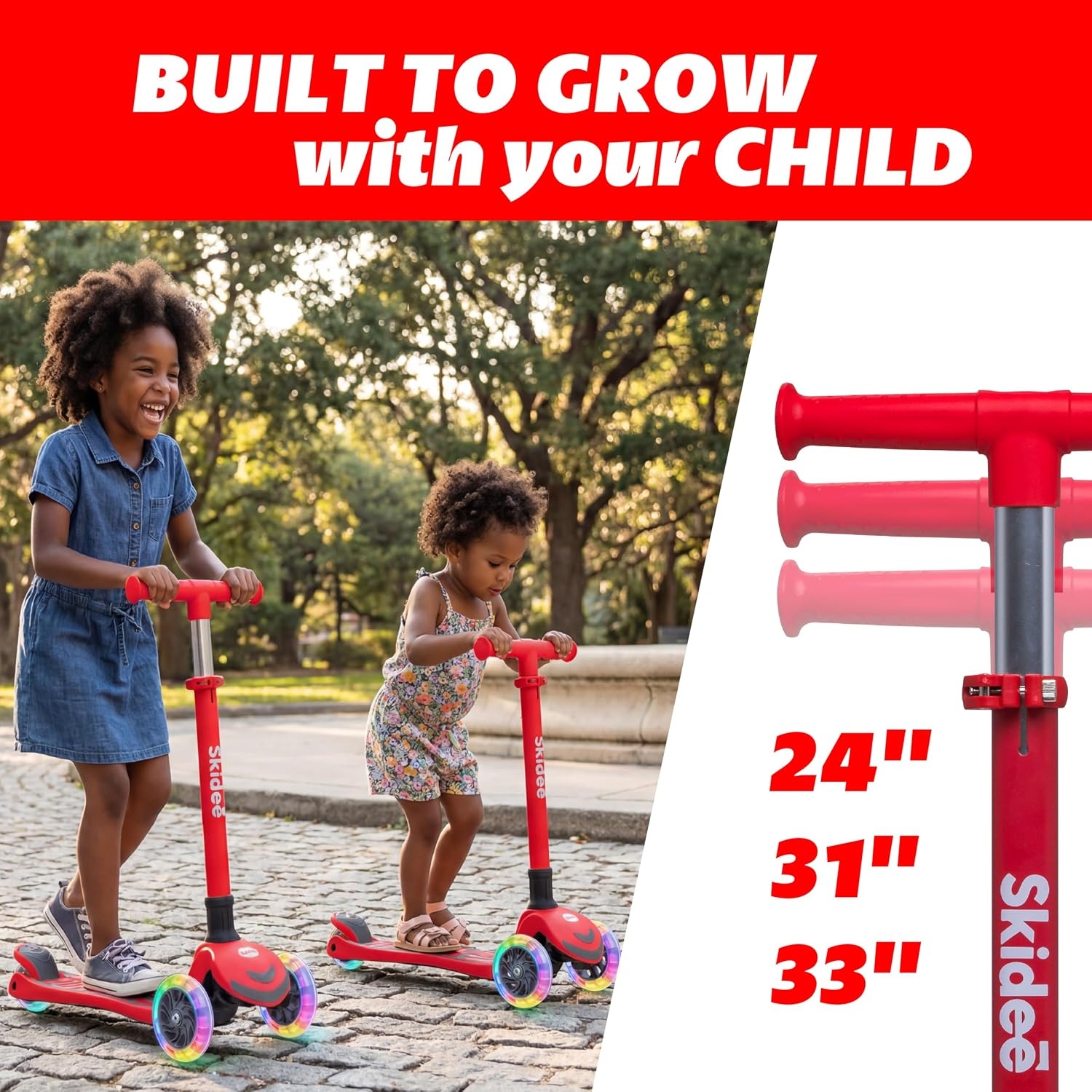 image:imageSKIDEE Kick Scooter for Kids Ages 35 Foldable 3 Wheel Scooter with LeantoSteer Adjustable Height Removable Seat amp LED Light Wheels Toddler Scooter Up to 12 Year Old BoysGirlsFire Red
