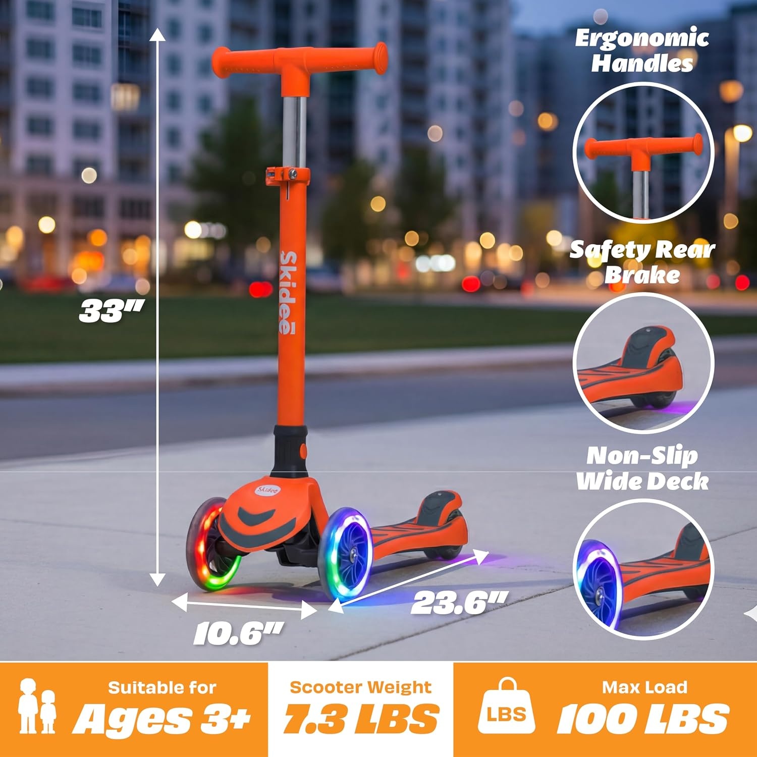 image:imageSKIDEE Kick Scooter for Kids Ages 35 Foldable 3 Wheel Scooter with LeantoSteer Adjustable Height Removable Seat amp LED Light Wheels Toddler Scooter Up to 12 Year Old BoysGirlsNeon Orange