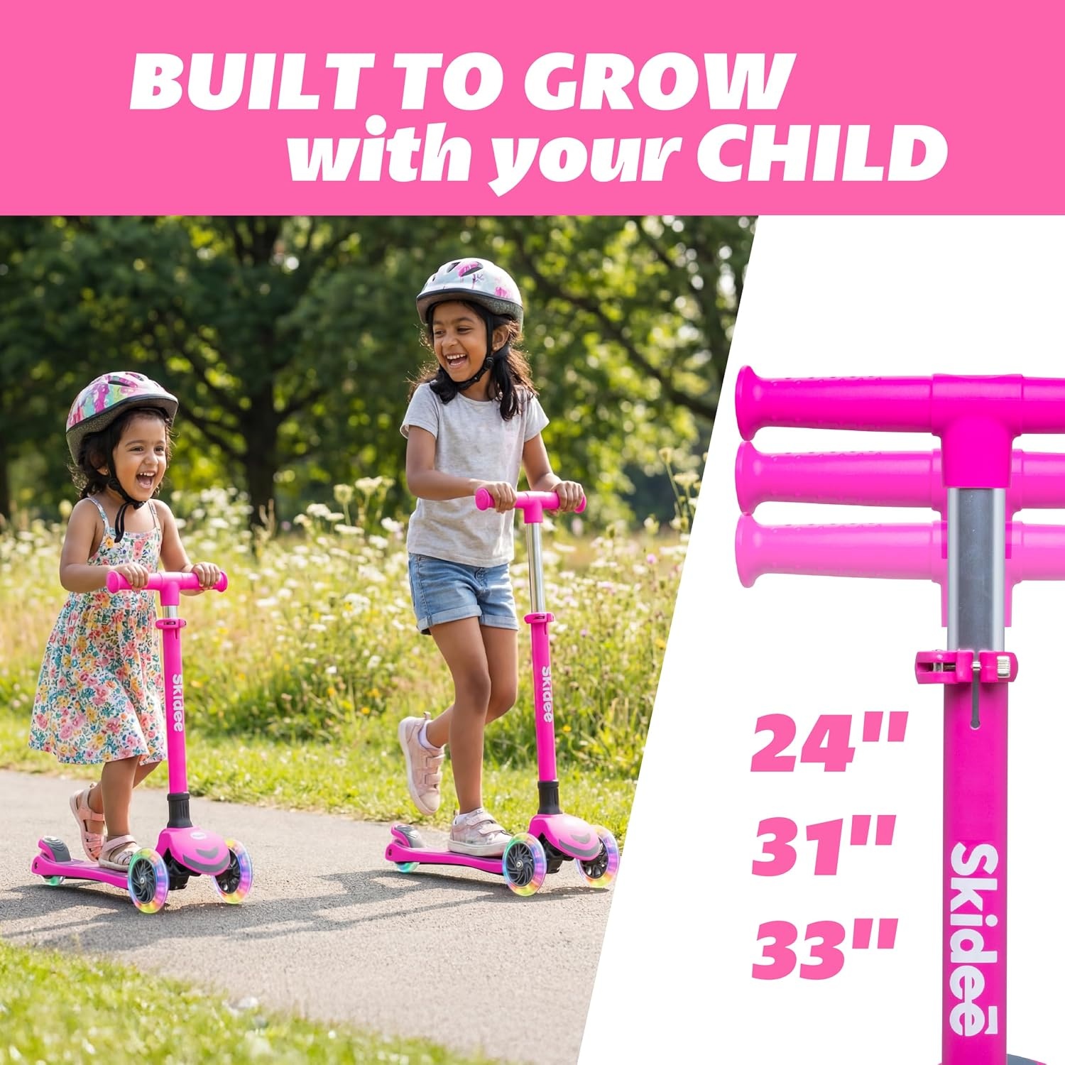 image:imageSKIDEE Kick Scooter for Kids Ages 35 Foldable 3 Wheel Scooter with LeantoSteer Adjustable Height Removable Seat amp LED Light Wheels Toddler Scooter Up to 12 Year Old BoysGirlsBright Pink