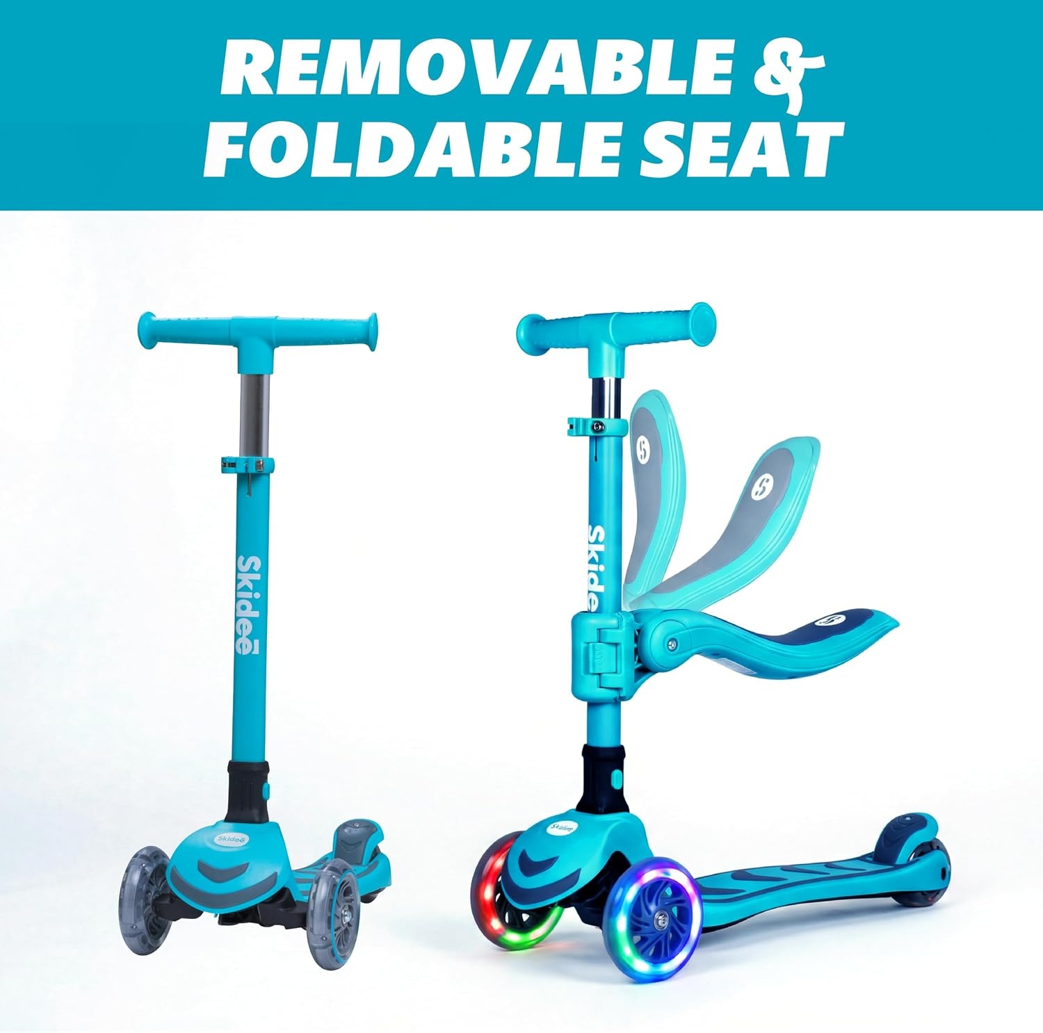 image:imageSKIDEE Kick Scooter for Kids Ages 35 Foldable 3 Wheel Scooter with LeantoSteer Adjustable Height Removable Seat amp LED Light Wheels Toddler Scooter Up to 12 Year Old BoysGirlsTurquoise