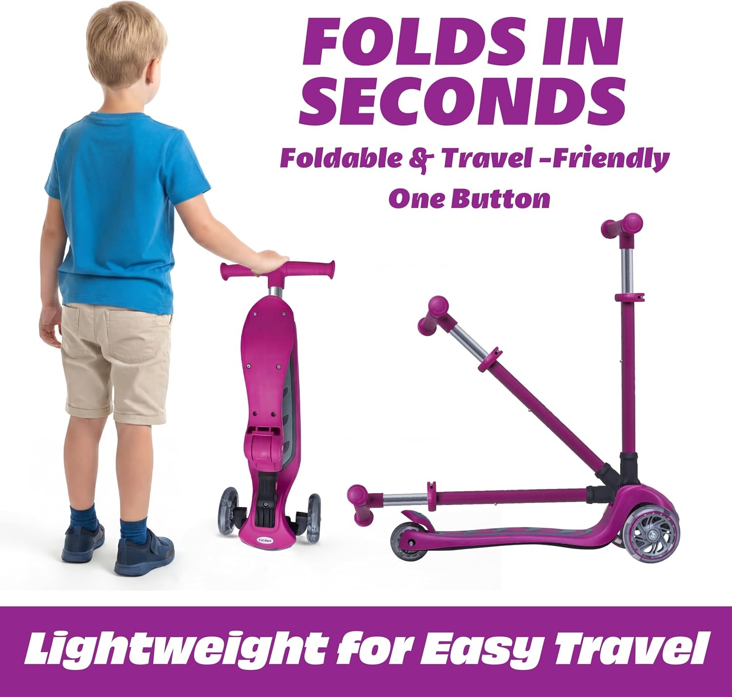image:imageSKIDEE Kick Scooter for Kids Ages 35 Foldable 3 Wheel Scooter with LeantoSteer Adjustable Height Removable Seat amp LED Light Wheels Toddler Scooter Up to 12 Year Old BoysGirlsRaspberry