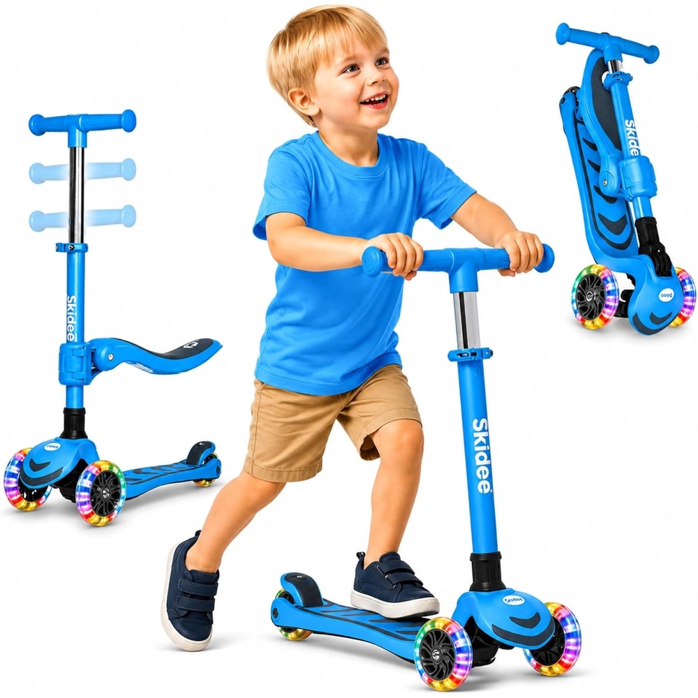 image:imageSKIDEE Kick Scooter for Kids Ages 35 Foldable 3 Wheel Scooter with LeantoSteer Adjustable Height Removable Seat amp LED Light Wheels Toddler Scooter Up to 12 Year Old BoysGirlsOcean Blue