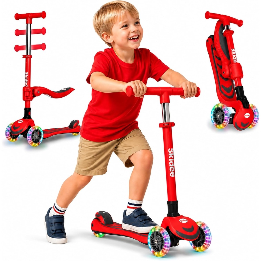 image:imageSKIDEE Kick Scooter for Kids Ages 35 Foldable 3 Wheel Scooter with LeantoSteer Adjustable Height Removable Seat amp LED Light Wheels Toddler Scooter Up to 12 Year Old BoysGirlsFire Red
