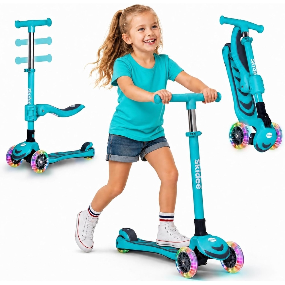 image:imageSKIDEE Kick Scooter for Kids Ages 35  Foldable 3 Wheel Scooter with LeantoSteer Adjustable Height Removable Seat amp LED Light Wheels  Toddler Scooter Up to 12 Year Old BoysGirlsTurquoise