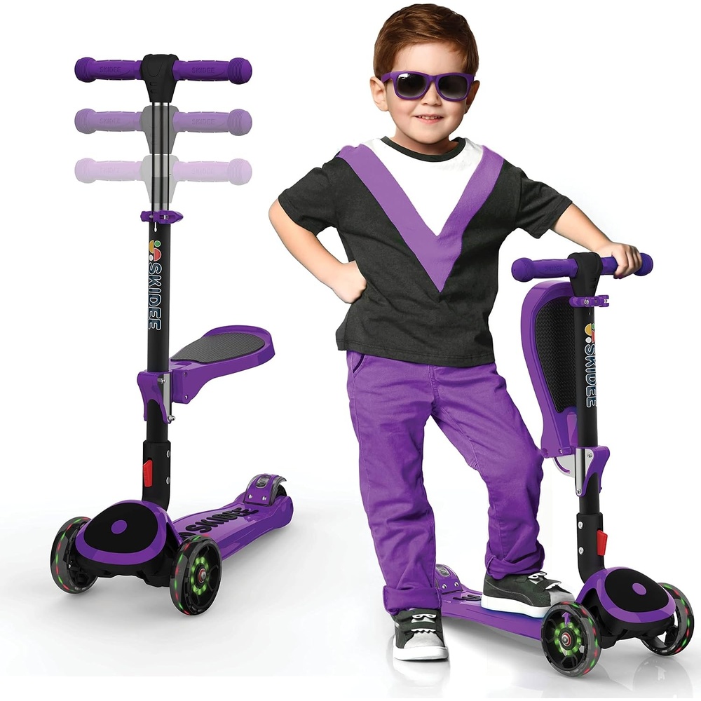 image:imageSKIDEE Kick Scooter for Kids Ages 35  Foldable 3 Wheel Scooter with LeantoSteer Adjustable Height Removable Seat amp LED Light Wheels  Toddler Scooter Up to 12 Year Old BoysGirlsPurple
