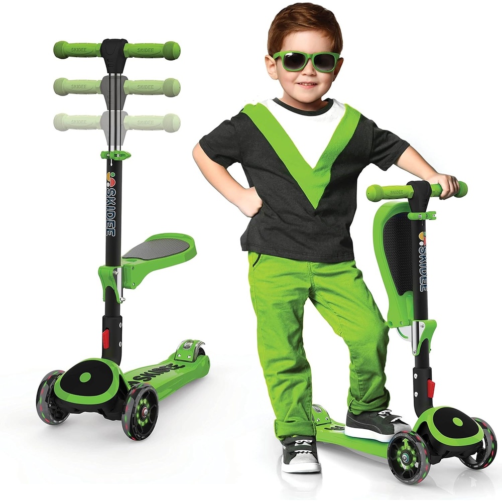 image:imageSKIDEE Kick Scooter for Kids Ages 35 Foldable 3 Wheel Scooter with LeantoSteer Adjustable Height Removable Seat amp LED Light Wheels Toddler Scooter Up to 12 Year Old BoysGirlsGreen