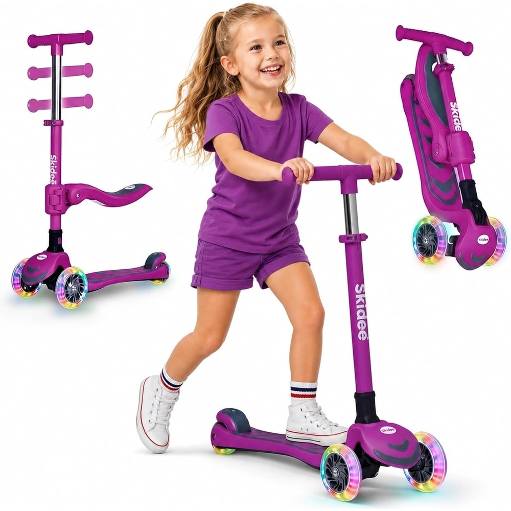 image:imageSKIDEE Kick Scooter for Kids Ages 35  Foldable 3 Wheel Scooter with LeantoSteer Adjustable Height Removable Seat amp LED Light Wheels  Toddler Scooter Up to 12 Year Old BoysGirlsRaspberry
