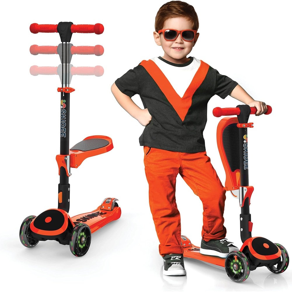 image:imageSKIDEE Kick Scooter for Kids Ages 35  Foldable 3 Wheel Scooter with LeantoSteer Adjustable Height Removable Seat amp LED Light Wheels  Toddler Scooter Up to 12 Year Old BoysGirlsOrange