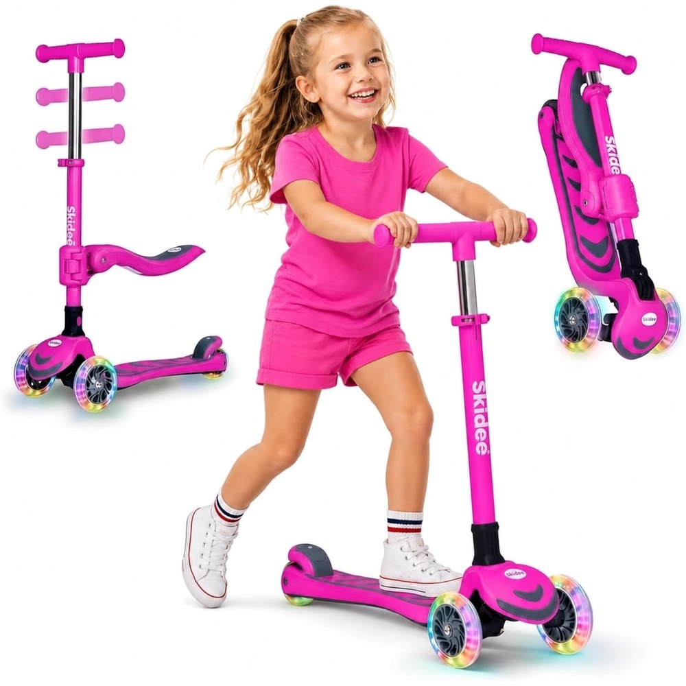 image:imageSKIDEE Kick Scooter for Kids Ages 35  Foldable 3 Wheel Scooter with LeantoSteer Adjustable Height Removable Seat amp LED Light Wheels  Toddler Scooter Up to 12 Year Old BoysGirlsBright Pink