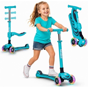SKIDEE Kick Scooter for Kids Ages 3-5 | Foldable 3 Wheel Scooter with Lean-to-Steer, Adjustable Height, Removable Seat & LED Light Wheels | Toddler Scooter Up to 12 Year Old Boys/Girls(Turquoise)