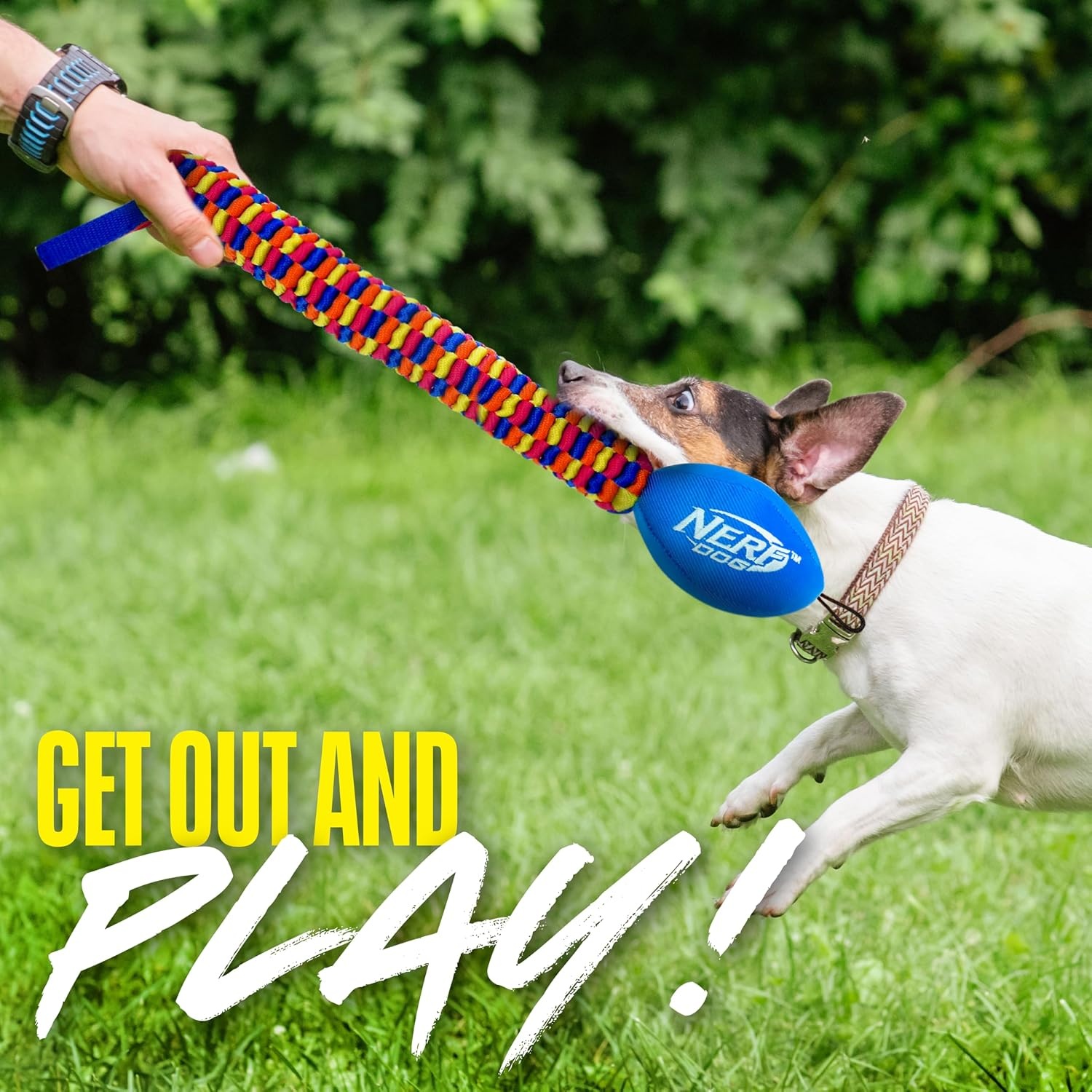 image:imageNerf Dog Rainbow Vortex Chain Tug Dog Toy Lightweight Durable and Water Resistant 19 Inches For MediumLarge Breeds Single Unit Rainbow Colored19in