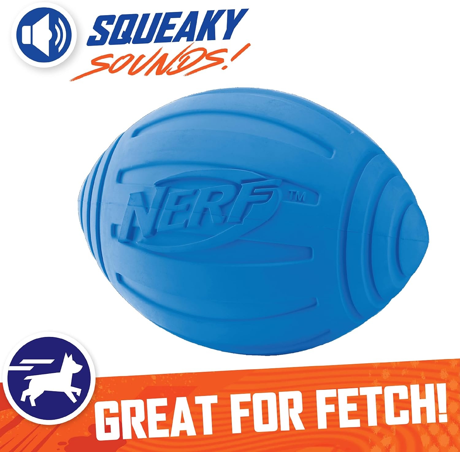 image:imageNerf Dog Ridged Football Dog Toy with Interactive Squeaker Lightweight Durable and Water Resistant 7 Inch Diameter for MediumLarge Breeds Single Unit BlueBlue
