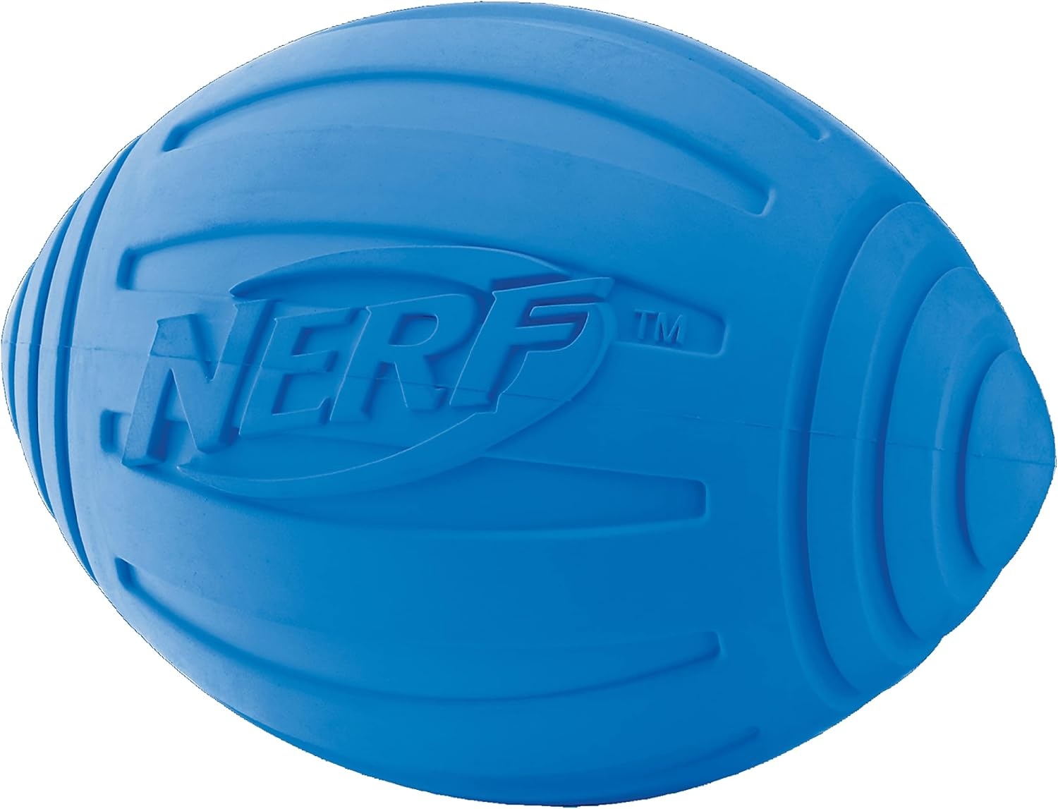 image:imageNerf Dog Ridged Football Dog Toy with Interactive Squeaker Lightweight Durable and Water Resistant 7 Inch Diameter for MediumLarge Breeds Single Unit BlueBlue
