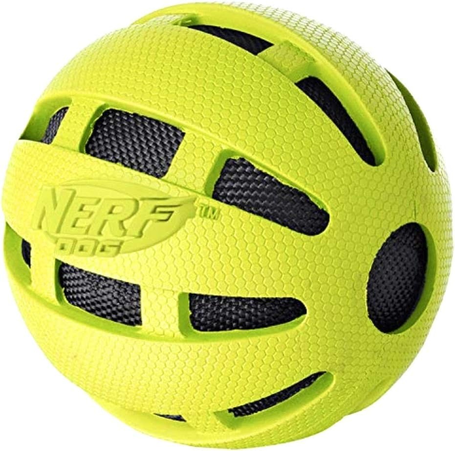 image:imageNerf Dog Rubber Ball Dog Toy with Checkered Squeaker Lightweight Durable and Water Resistant 4 Inch Diameter for MediumLarge Breeds Single Unit Blue38 in Green