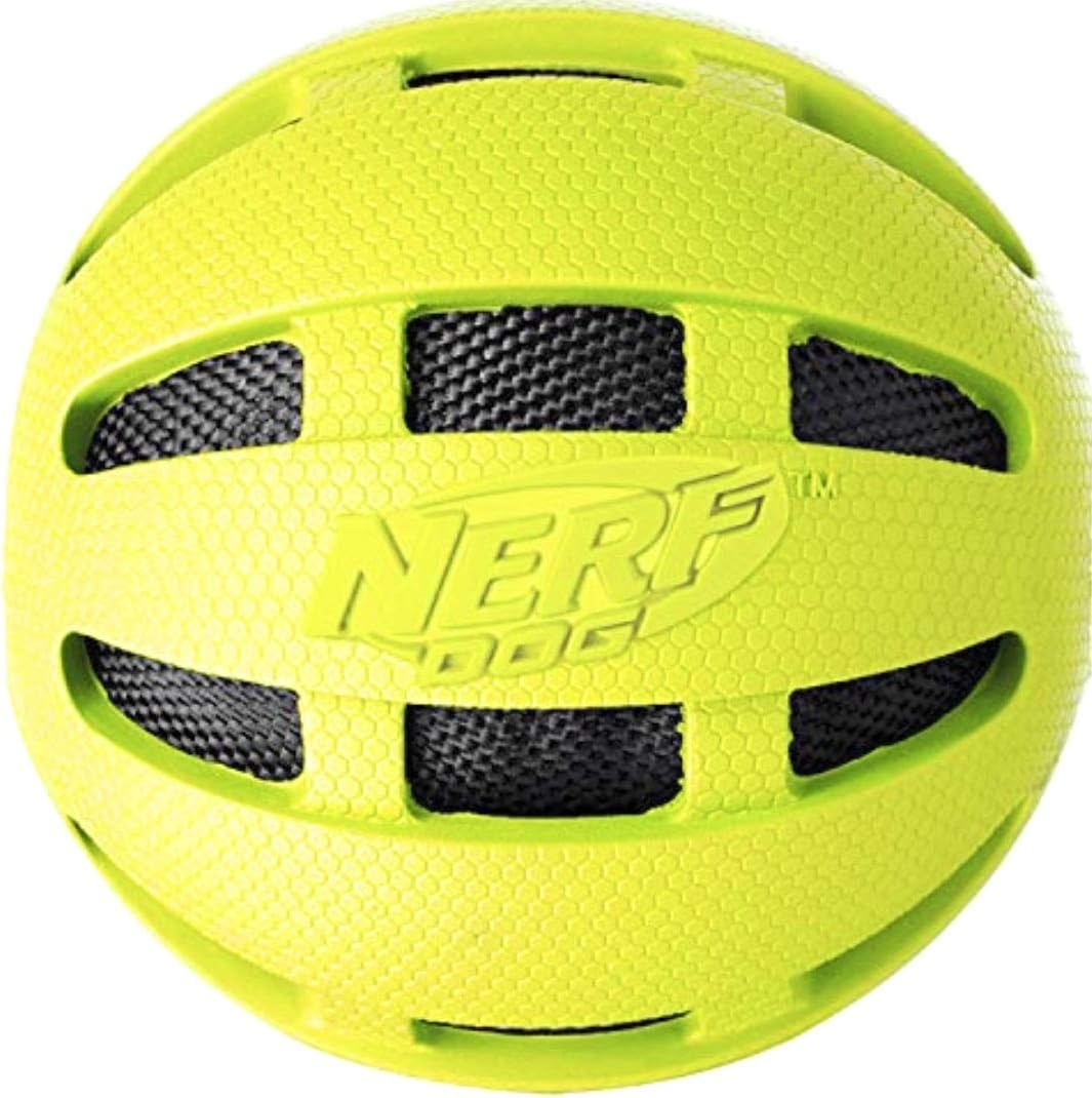 image:imageNerf Dog Rubber Ball Dog Toy with Checkered Squeaker Lightweight Durable and Water Resistant 4 Inch Diameter for MediumLarge Breeds Single Unit Blue38 in Green