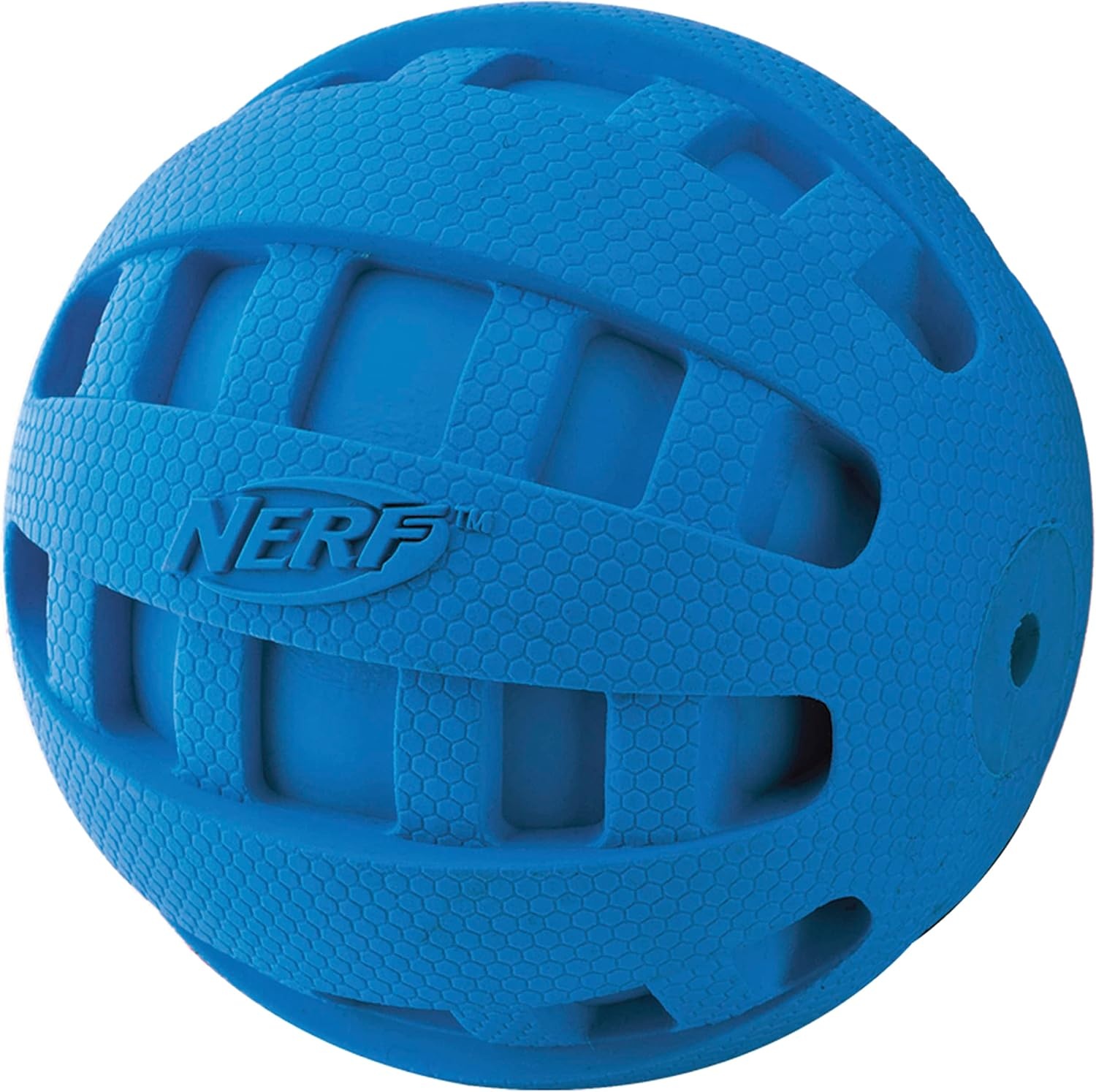 image:imageNerf Dog Rubber Ball Dog Toy with Checkered Squeaker Lightweight Durable and Water Resistant 4 Inch Diameter for MediumLarge Breeds Single Unit Blue4 Inch Blue