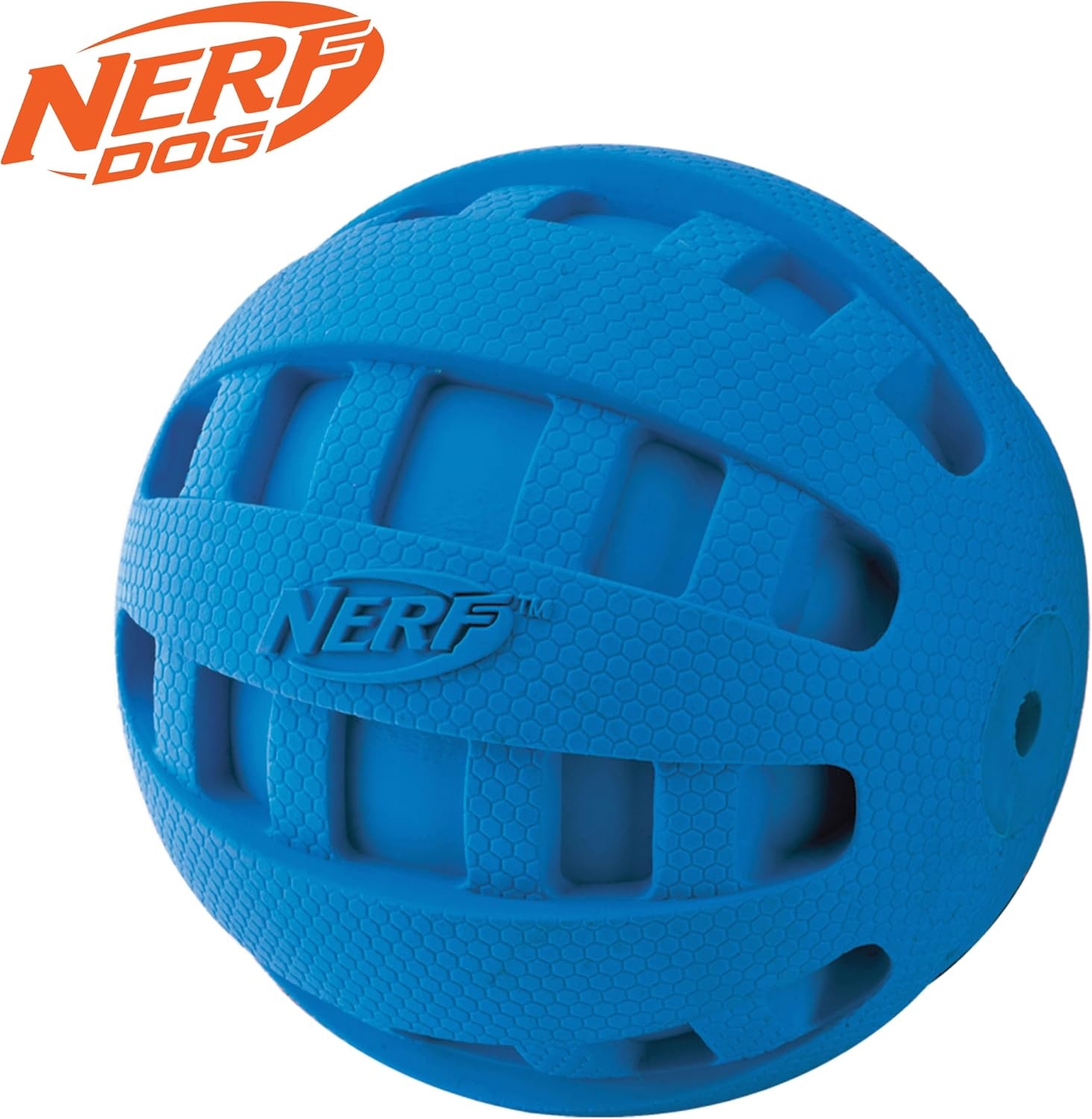 image:imageNerf Dog Rubber Ball Dog Toy with Checkered Squeaker Lightweight Durable and Water Resistant 4 Inch Diameter for MediumLarge Breeds Single Unit Blue4 Inch Blue