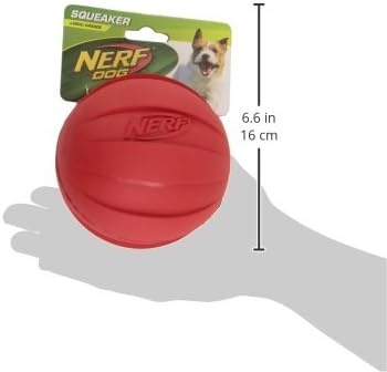 image:imageNerf Dog Rubber Ball Dog Toy with Squeaker Lightweight Durable and Water Resistant 4 Inch Diameter for MediumLarge Breeds Single Unit GreenGreenRed