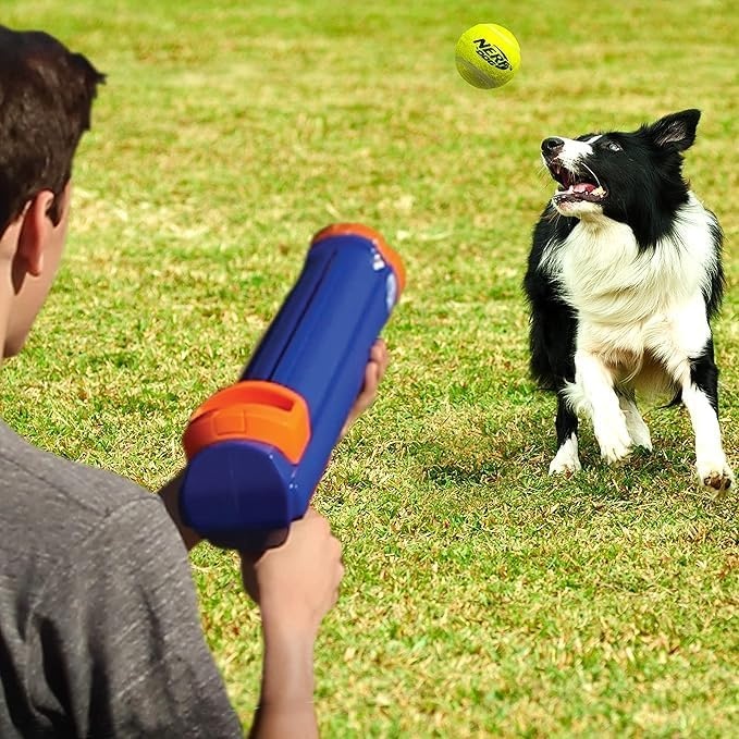 image:imageNerf Dog Tennis Ball Blaster Dog Toy Gift Set Tennis Ball Dog Fetch Toy Launches up to 50 ft Dog Ball Thrower for All Breeds Includes Translucent Blue Tennis Ball Launcher and 3 Dog Tennis Balls4 Piece Set
