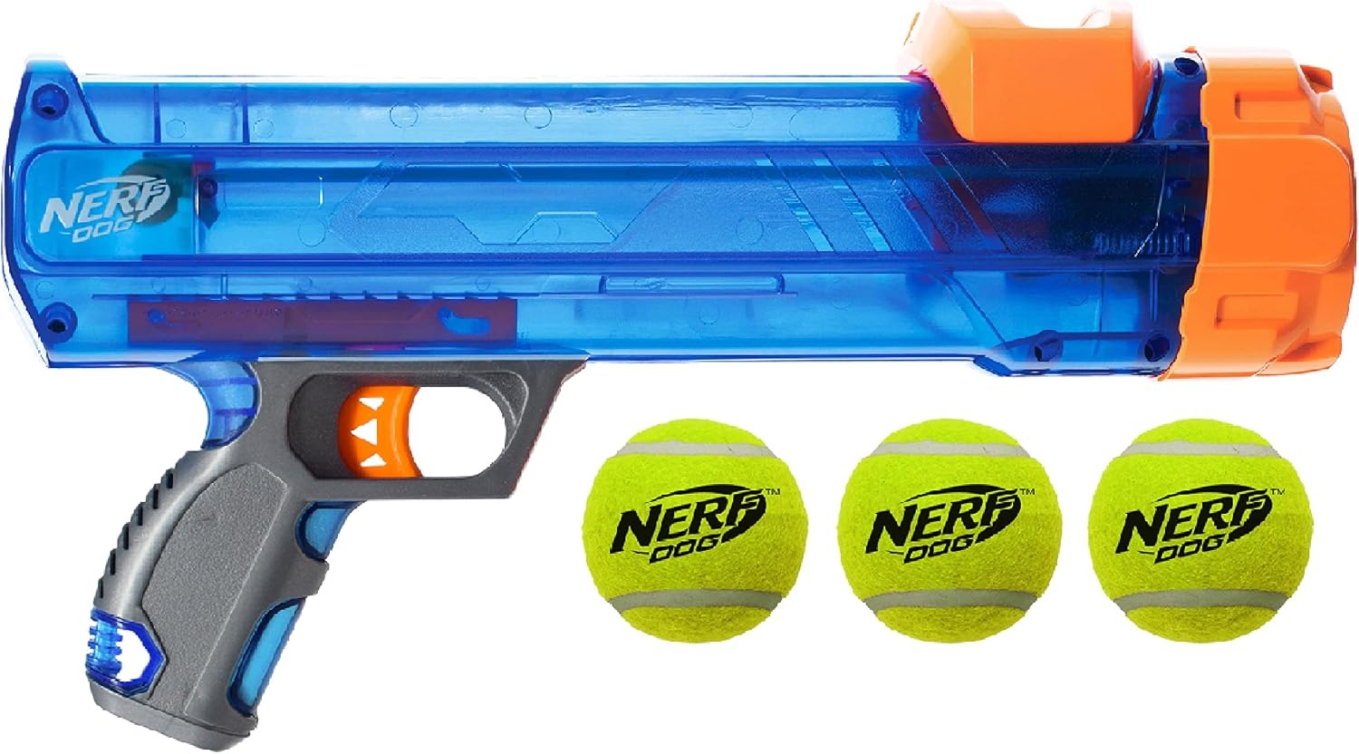 image:imageNerf Dog Tennis Ball Blaster Dog Toy12 in Translucent Blaster with 3 Balls