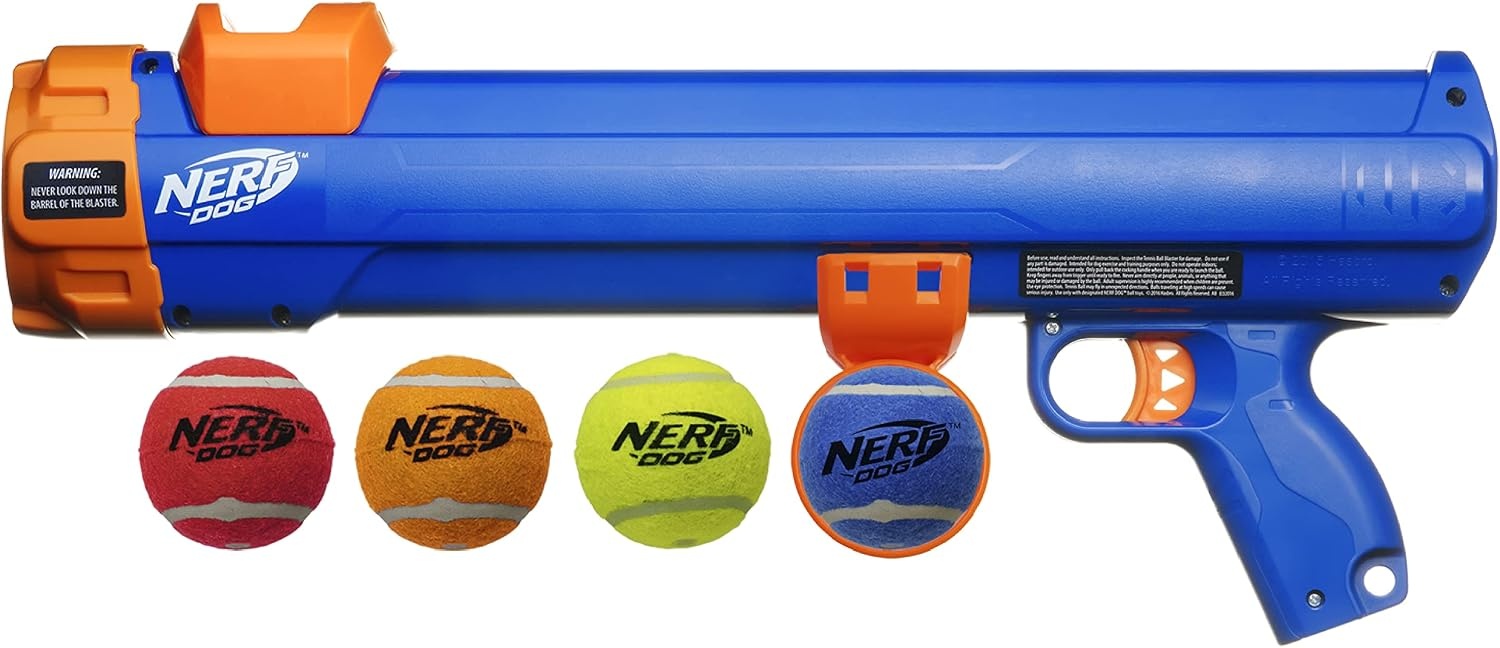 image:imageNerf Dog Tennis Ball Blaster Dog Toy20 Inch Large Blaster with 4 Balls Pack of 3