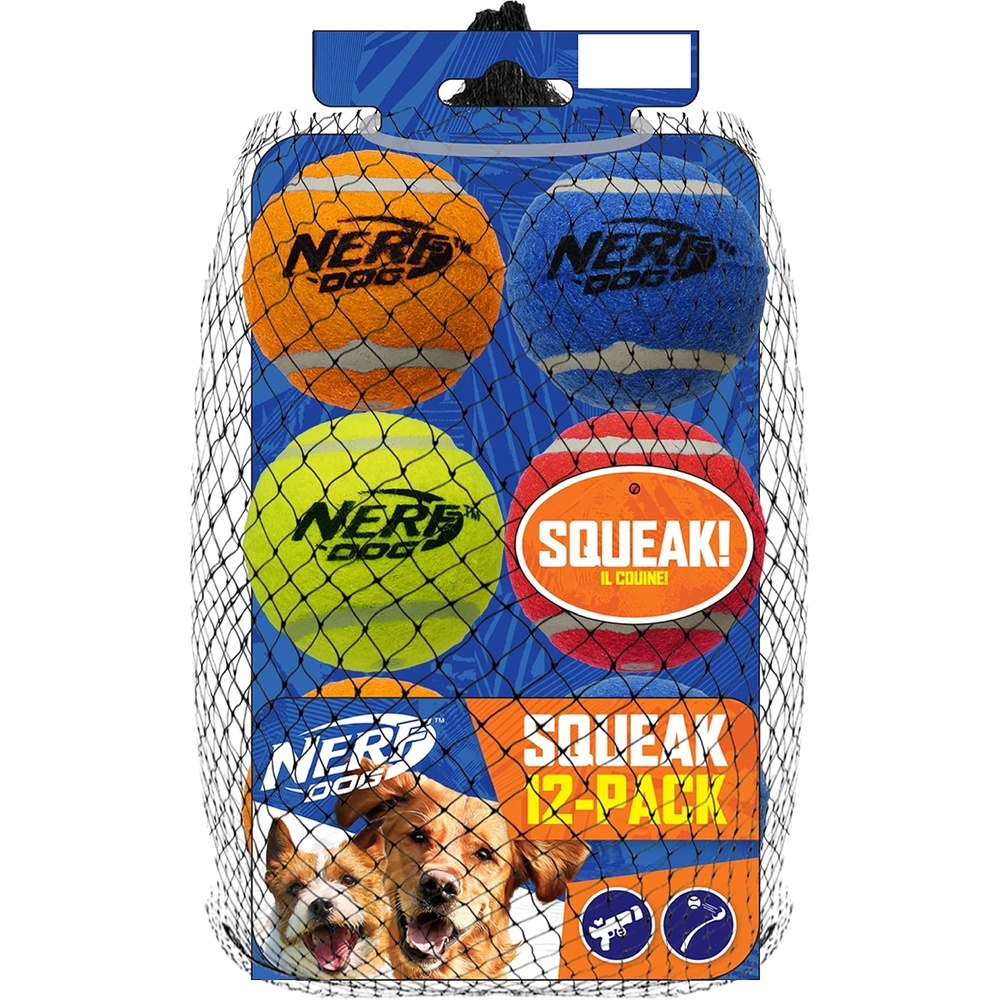 image:imageNerf Dog 12Piece Dog Toy Gift Set Includes 25in Squeak Tennis Ball 12Pack Nerf Tough Material Multicolored for All Breed SizesMulticolored