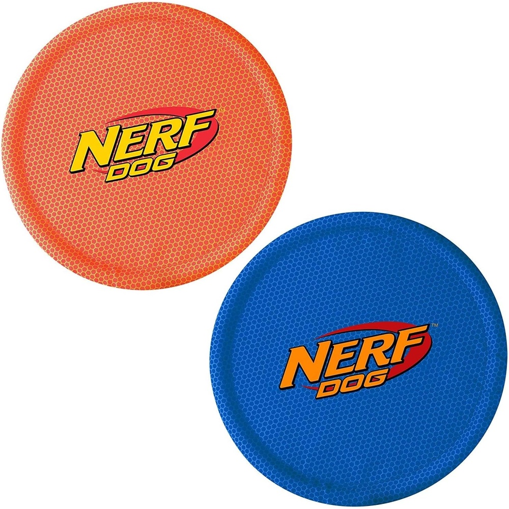image:imageNerf Dog Nylon Flyer Dog Toy Flying Disc Lightweight Durable and Water Resistant Great for Beach and Pool 9 inch diameter for MediumLarge Breeds Single Unit BlueBlue and Red 2 Pack