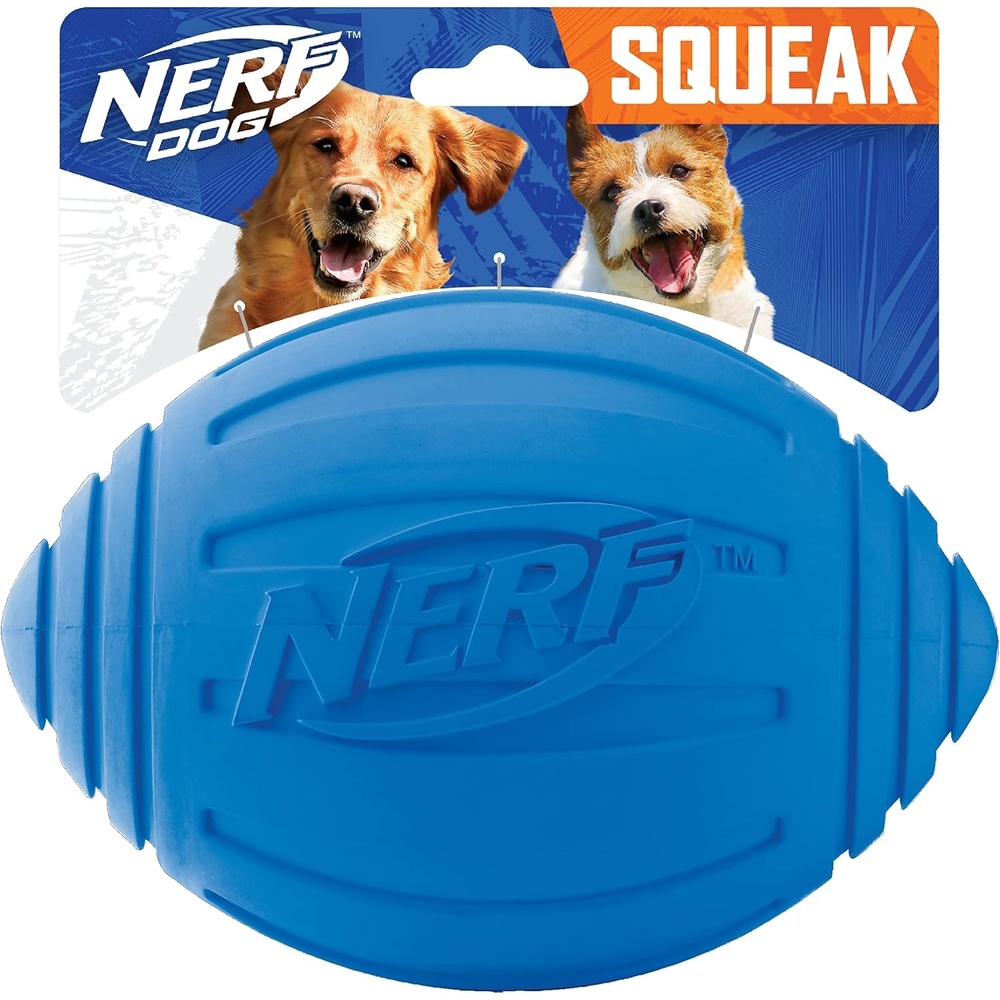 image:imageNerf Dog Ridged Football Dog Toy with Interactive Squeaker Lightweight Durable and Water Resistant 7 Inch Diameter for MediumLarge Breeds Single Unit BlueBlue