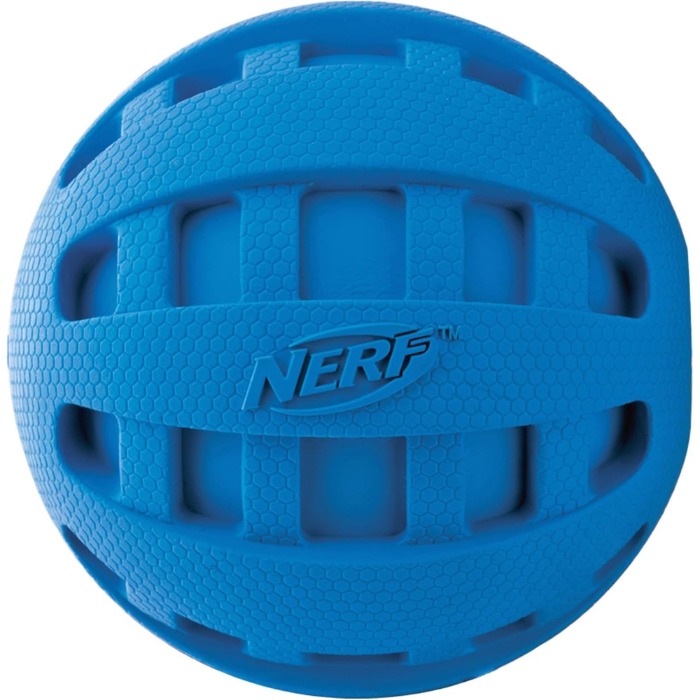 image:imageNerf Dog Rubber Ball Dog Toy with Checkered Squeaker Lightweight Durable and Water Resistant 4 Inch Diameter for MediumLarge Breeds Single Unit Blue4 Inch Blue