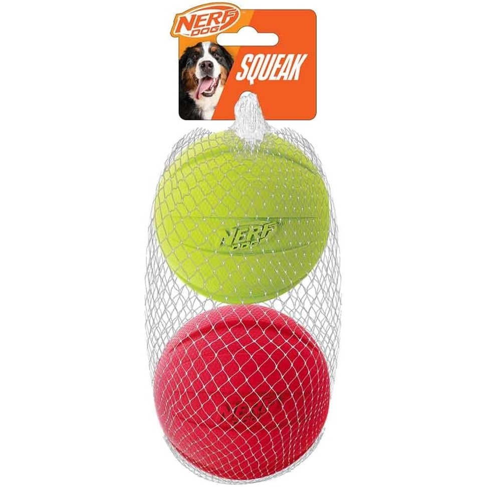 image:imageNerf Dog Rubber Ball Dog Toy with Squeaker Lightweight Durable and Water Resistant 4 Inch Diameter for MediumLarge Breeds Single Unit GreenGreenRed