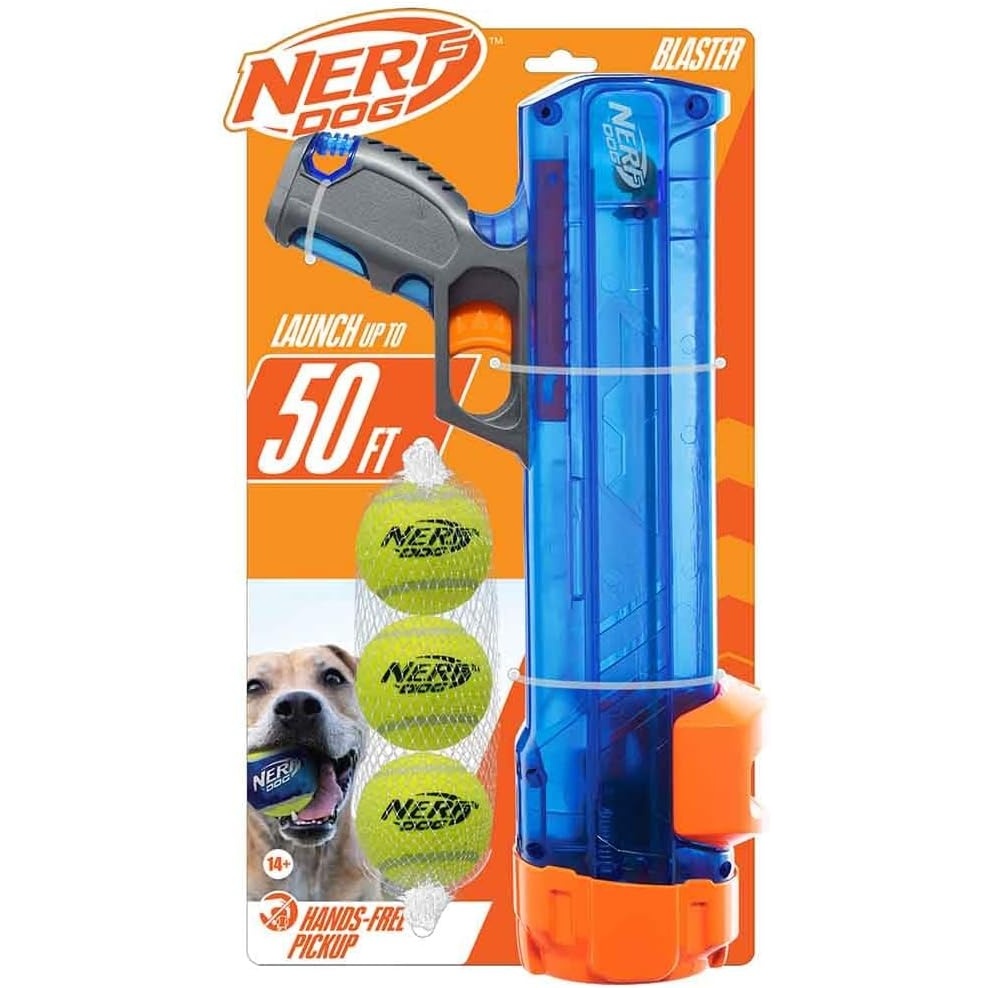 image:imageNerf Dog Tennis Ball Blaster Dog Toy Gift Set Tennis Ball Dog Fetch Toy Launches up to 50 ft Dog Ball Thrower for All Breeds Includes Translucent Blue Tennis Ball Launcher and 3 Dog Tennis Balls4 Piece Set