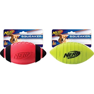 Nerf Dog Tire Squeak Football Outdoor Dog Toy, 6 Inch Dog Football Squeaking Toy for Medium and Large Breeds, Blue(Red and Green)