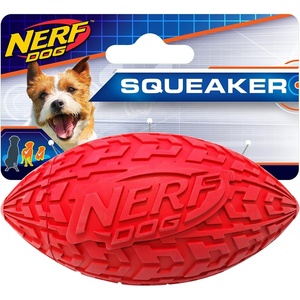 Nerf Dog Tire Squeak Football Outdoor Dog Toy, 6 Inch Dog Football Squeaking Toy for Medium and Large Breeds, Red(Red)