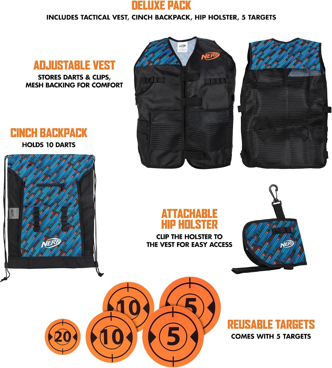 image:imageNerf Elite Deluxe Tactical Gear Pack Tactical Vest with Hip Holster Cinch Backpack and 5 Targets Blast Into Battle